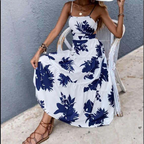 Boho blue white floral tropical print tie back maxi dress - Picture 7 of 14